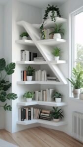 Base cabinet doors on bookcase room divider for hidden storage