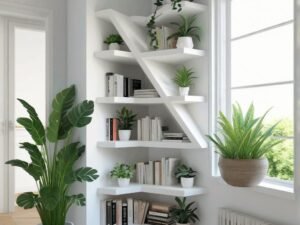 Z-shape wall book shelf with modern floating book shelving in white