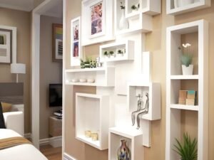 Geometric wall book shelves with floating box shelving in white