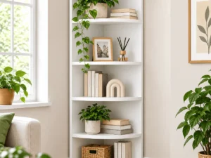 Curved corner bookcase with open shelving for space-efficient display and storage.
