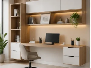 Floating Desk Storage Wall System with Modular Home Office Design