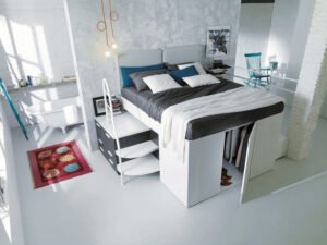 Space-saving multifunctional loft bed with hidden closet and under-bed storage, perfect for small apartments and modern living spaces.