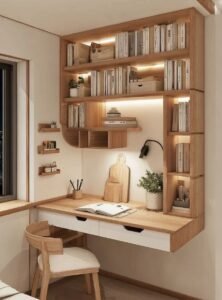 LED-lit floating home office desk wall shelf system with drawers, modern wood finish