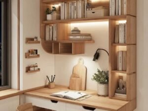 LED-lit floating home office desk wall shelf system with drawers, modern wood finish