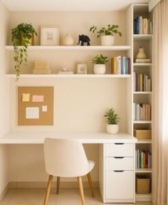 Minimalist home office desk set with floating shelves and tall bookcase tower, white finish