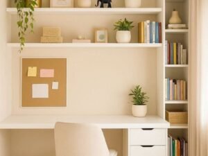 Minimalist home office desk set with floating shelves and tall bookcase tower, white finish