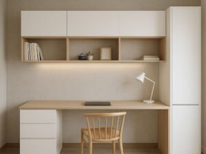 Built-in home office desk system with upper cabinets and tall wardrobe, minimalist white and oak finish