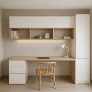 Built-in home office desk system with upper cabinets and tall wardrobe, minimalist white and oak finish