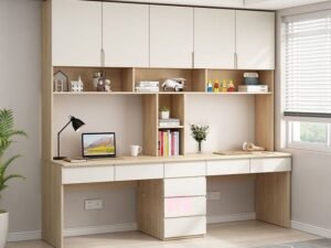 Double workstation home office desk set with overhead cabinets and central drawers, white and oak finish