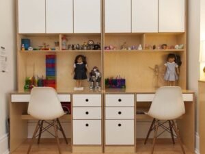 Kids double home office desk set with overhead cabinets and central drawer storage, white and oak finish