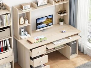 Compact home office desk with hutch organizer, keyboard tray, drawers and CPU compartment, light wood finish