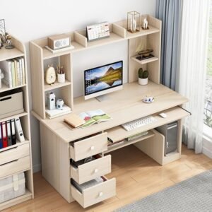Compact home office desk with hutch organizer, keyboard tray, drawers and CPU compartment, light wood finish