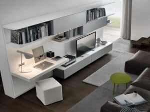 Space-saving home office desk murphy wall unit with shelving and storage, modern minimalist living room workstation