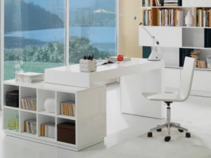 Modern white home office desk with open storage cubes, minimalist home office table for contemporary living and organized workspace