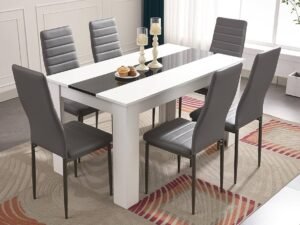 Modern flat-pack dining room furniture set in a bright kitchen and dining room