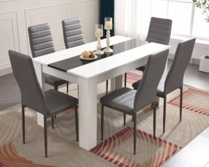 Modern flat-pack dining room furniture set in a bright kitchen and dining room
