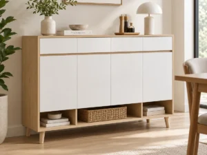 Narrow sideboard cabinet in a modern dining room interior