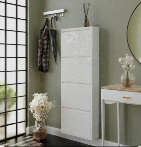 Slim white shoe cabinet with four flip-down doors for narrow entryway storage, modern hallway furniture setup