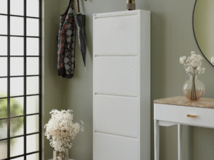 Slim white shoe cabinet with four flip-down doors for narrow entryway storage, modern hallway furniture setup