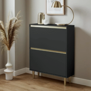 Modern black shoe cabinet with gold legs and slim profile, covered shoe rack for hallway entryway furniture
