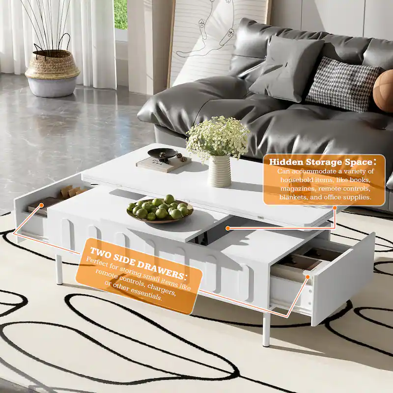 Diagram-style view of lift-top coffee table failure points including wobble joints, gas struts, pinch points, and bracket alignment