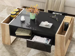 Flat-pack coffee table with storage showing lift-top mechanism, export packaging, and QC checkpoints for OEM/ODM programs