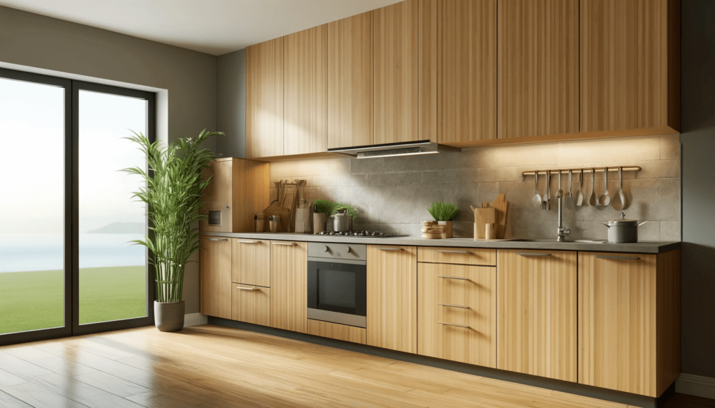 bamboo kitchen cabinets material detail with natural grain