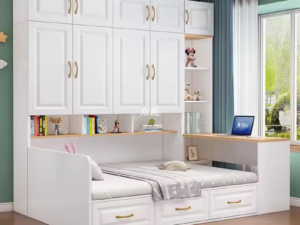 Ray window kids furniture system with wardrobe cabinets, storage bed drawers and integrated study desk (RTA flat-pack)
