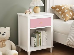 Adorable kids night stand with drawer and open shelf storage for children bedroom furniture