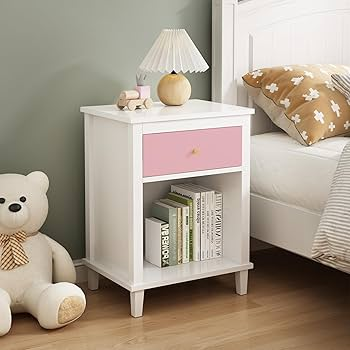 Adorable kids night stand with drawer and open shelf storage for children bedroom furniture