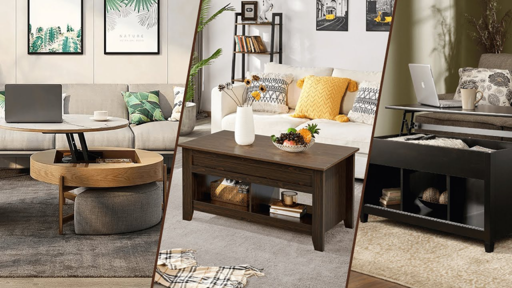 Lift-top living room coffee table with storage showing the lifting mechanism and hidden