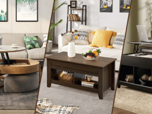 Lift-top living room coffee table with storage showing the lifting mechanism and hidden