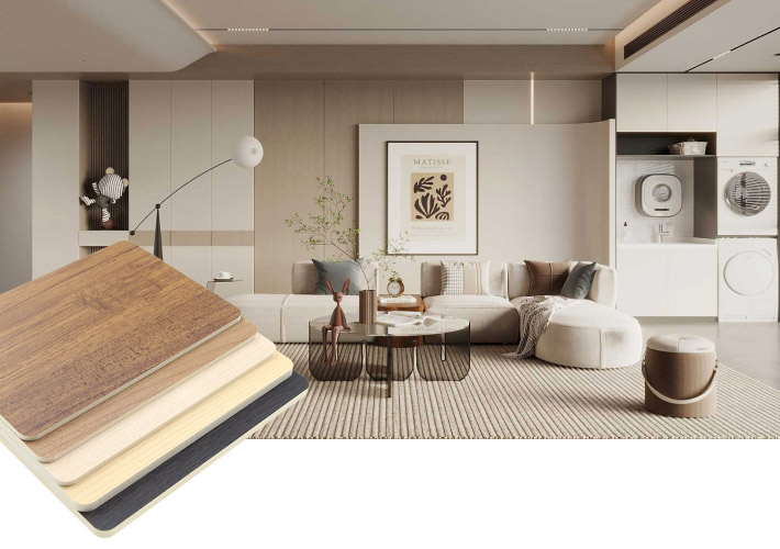 surface finish compatibility melamine veneer laminate on plywood MDF particle board living room furniture