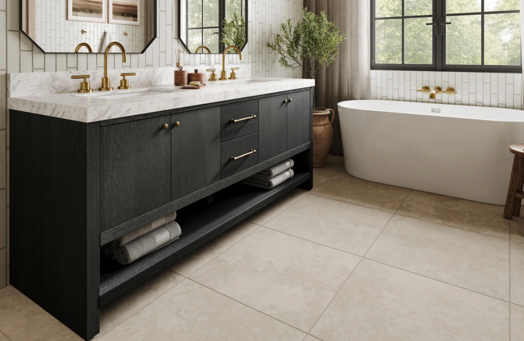 bathroom vanity color trends 2025 walnut oak tone matte black minimalist