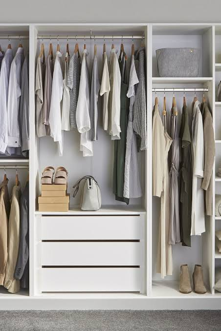 wardrobe closet for hanging clothes with shelves drawers and hanging rod layout
