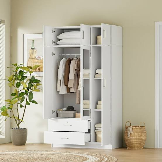 wardrobe closet for hanging clothes with shelves drawers and hanging rod layout