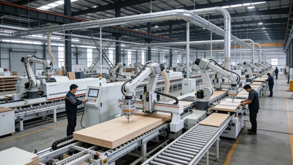 CNC cutting line in a furniture factory processing MDF and plywood for hotel furniture.