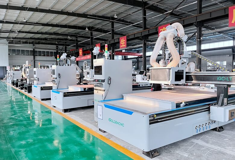CNC cutting line processing plywood and MDF panels for furniture manufacturing with precision drilling and nesting.