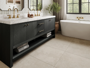 double sink bathroom vanity with open shelf