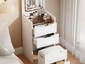 compact led vanity desk with mirror and drawers
