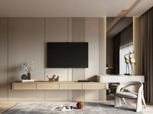 Classic solid wood TV stand in a luxury living room