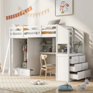 Modern kids bed set with guardrails and storage in styled bedroom