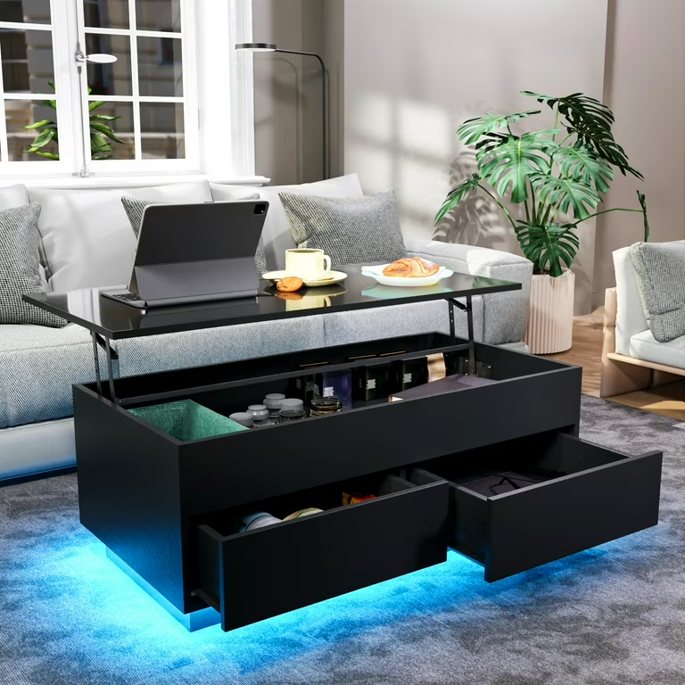 Lift top coffee table with hidden storage for small apartment living room