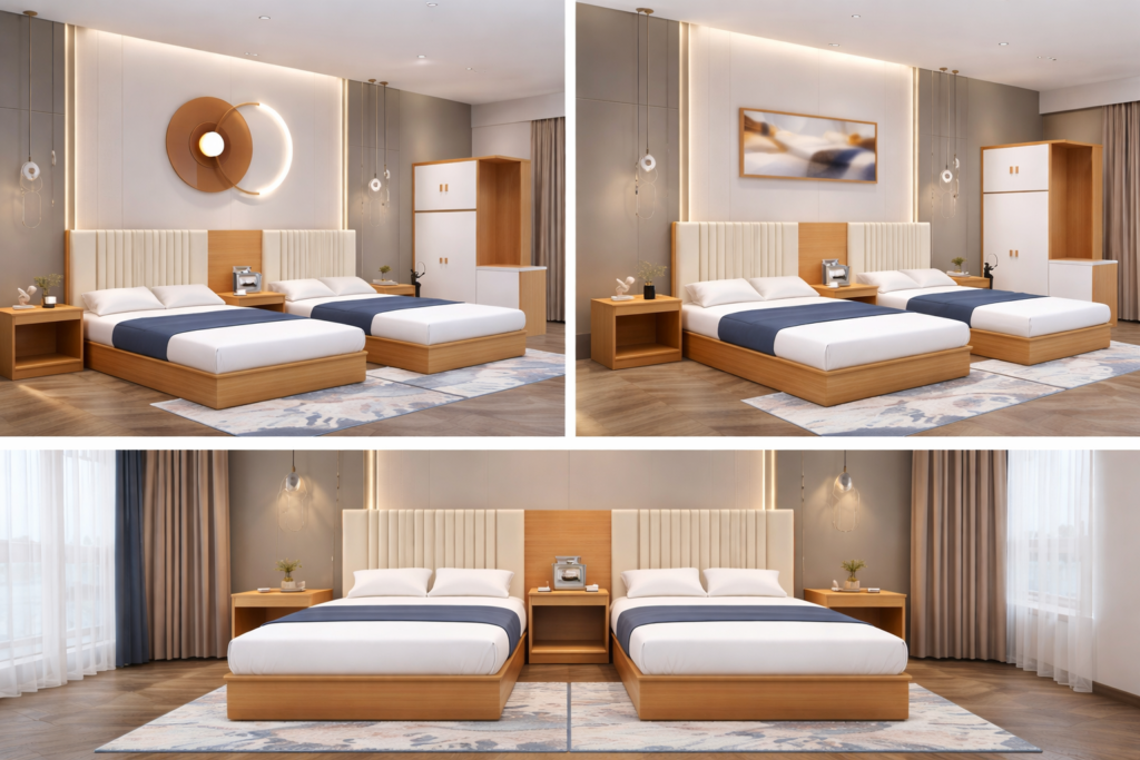 modern twin hotel bed set with upholstered headboard and wooden frame