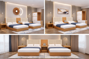 modern twin hotel bed set with upholstered headboard and wooden frame