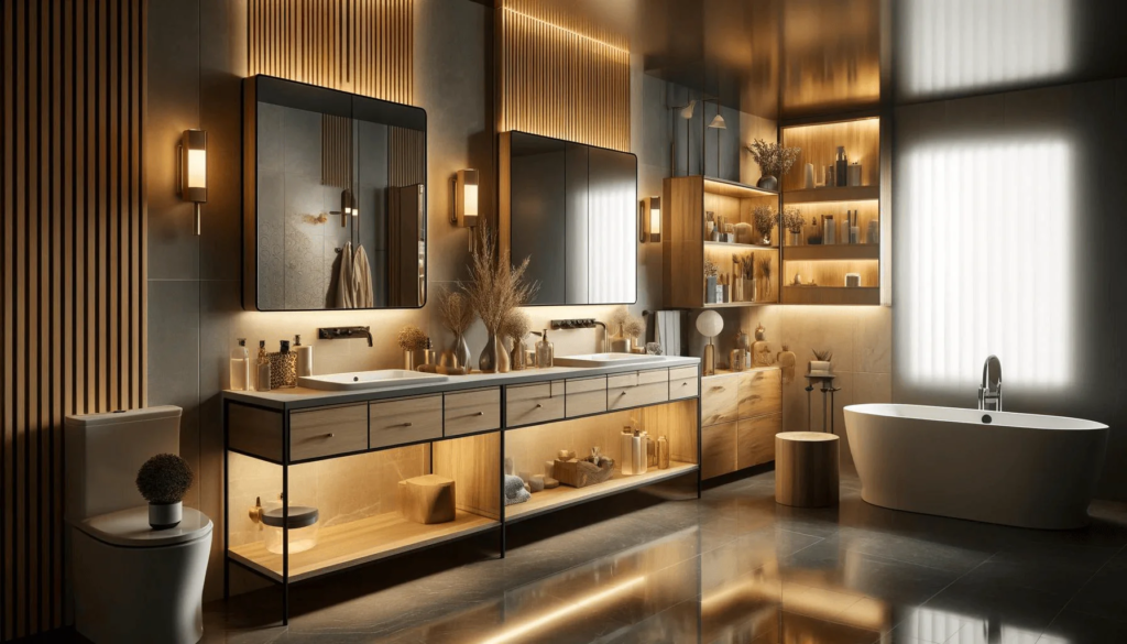 Modern rustic spa-style bathroom with wood floating vanity, dark stone tiles, double vessel sinks, and large window light.
