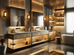 Modern rustic spa-style bathroom with wood floating vanity, dark stone tiles, double vessel sinks, and large window light.