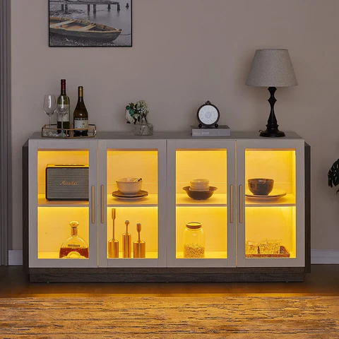 Elegant sideboard with illuminated shelves.
