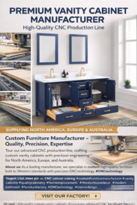 Open drawers and cabinets of blue double sink vanity