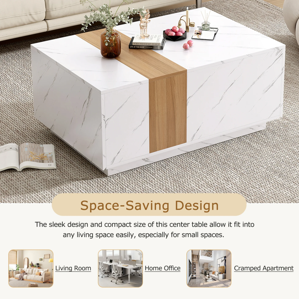 Rectangular compact coffee table in a studio apartment layout